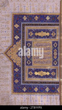 Manuscrit enluminé,Recueil de poèmes (divan), écrit par l'illustre calligraphe safavide du 16e siècle Shāh Maḥmūd Nīshāpūrī, cette copie du premier recueil de poésie (Dīvān-i avval ou Fātiḥat al-shabāb) de Nūr al-Dīn Jāmī (d. 898 AH / 1492 EC) a probablement été illustrée au 11e siècle AH / 17 EC. Il s'ouvre sur une miniature à double page agissant comme un frontispice, et est suivi d'un élégant frontispice décoré à double page. Il contient 10 autres illustrations à divers endroits du texte Banque D'Images