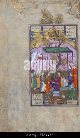 Manuscrit enluminé, Livre des rois (Shahnama), Alexandre le Grand rencontre Rushanak, la fille de Darius, cette copie du Shāhnāmah (Livre des rois) de Firdawsī a été écrite par Muḥammad Mīrak ibn Mīr Muḥammad al-Ḥusaynī al-Ustādī, très probablement à Hérat (actuel Afghanistan). Il a été achevé en 1028 AH / 1618-9 ce. Il y a deux colophons arabes, l'un à la fin de la préface et l'autre à la fin de la partie 1. La préface est de Abū Manṣūr Muḥammad ibn ʿAbd al-Razzāq, qui l'a composée en 346 AH / 957-8 EC Banque D'Images