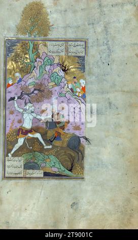 Manuscrit enluminé, Livre des rois (Shahnama), Rustam combat le fils du Dīv blanc qui gardait Bīzhan, cette copie du Shāhnāmah (Livre des rois) de Firdawsī a été écrite par Muḥammad Mīrak ibn Mīr Muḥammad al-Ḥusaynī al-Ustādī, très probablement à Hérat (actuel Afghanistan). Il a été achevé en 1028 AH / 1618-9 ce. Il y a deux colophons arabes, l'un à la fin de la préface et l'autre à la fin de la partie 1. La préface est de Abū Manṣūr Muḥammad ibn ʿAbd al-Razzāq, qui l'a composée en 346 AH / 957-8 EC Banque D'Images