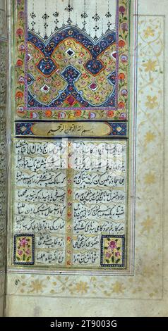 Manuscrit enluminé, Recueil de poèmes (divan), page incipit avec casque enluminé, il s'agit d'un Recueil de poèmes enluminé et illustré (dīvān) de Shams al-Dīn Muḥammad Ḥāfiz al-Shīrāzī (fl. Huitième siècle AH / quatorzième EC), qui a été produit en Inde. Selon le colophon, le manuscrit a été achevé le 19 Rajab 1202[?] AH / 1788[?] CE. Il s'ouvre par un incipit éclairé à double page avec coiffe qui introduit la préface (dībāchah), suivi d'un autre incipit éclairé à double page avec coiffe ouvrant le texte principal de la Dīvān Banque D'Images