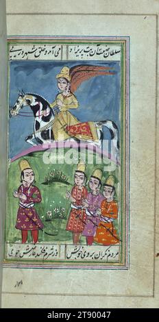 Manuscrit enluminé, Recueil de poèmes (divan), Une belle fille (comme un ange) à cheval suivie d'une foule d'admirateurs, c'est un Recueil de poèmes enluminé et illustré (dīvān) de Shams al-Dīn Muḥammad Ḥāfiz al-Shīrāzī (fl. Huitième siècle AH / quatorzième EC), qui a été produit en Inde. Selon le colophon, le manuscrit a été achevé le 19 Rajab 1202[?] AH / 1788[?] CE Banque D'Images