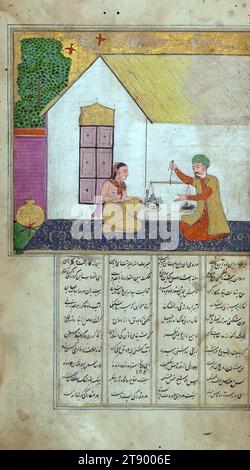 Manuscrit enluminé, Collection de poèmes (masnavi), le mari d'une femme avide pèse le chat qui aurait mangé toute la viande qu'il a acheté pour ses invités, il s'agit d'une copie illustrée et enluminée du recueil de poèmes, connu sous le nom de Jalāl-i maʿnavī, de Dīn Rūmī al-Mas̱navī (d. 672 AH / 1273 ce). Selon le colophon, le texte, écrit en écriture nastaʿlīq noire, a été achevé en Inde en 1073 AH / 1663 EC Banque D'Images