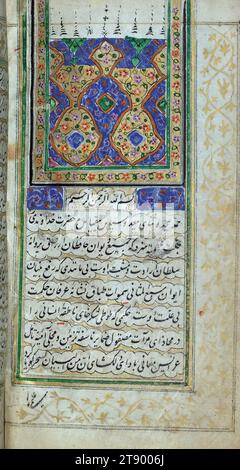Manuscrit enluminé, Recueil de poèmes (divan), page incipit avec casque enluminé, il s'agit d'un Recueil de poèmes enluminé et illustré (dīvān) de Shams al-Dīn Muḥammad Ḥāfiz al-Shīrāzī (fl. Huitième siècle AH / quatorzième EC), qui a été produit en Inde. Selon le colophon, le manuscrit a été achevé le 19 Rajab 1202[?] AH / 1788[?] CE. Il s'ouvre par un incipit éclairé à double page avec coiffe qui introduit la préface (dībāchah), suivi d'un autre incipit éclairé à double page avec coiffe ouvrant le texte principal de la Dīvān Banque D'Images
