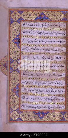 Manuscrit enluminé, Recueil de poèmes (masnavi), il s'agit d'une copie illustrée et enluminée du recueil de poèmes, connu sous le nom de Jalāl-i maʿnavī, de Dīn Rūmī al-Mas̱navī (d. 672 AH / 1273 EC). Selon le colophon, le texte, écrit en écriture nastaʿlīq noire, a été achevé en Inde en 1073 AH / 1663 EC. Chaque section de l'ouvrage est introduite par un incipit illuminé de deux pages contenant une préface en prose, suivi de deux illustrations et d'une page incipit illuminée pour le masnavi. Au total, cinquante tableaux illustrent le texte Banque D'Images