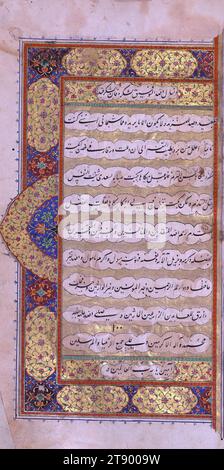 Manuscrit enluminé, Recueil de poèmes (masnavi), il s'agit d'une copie illustrée et enluminée du recueil de poèmes, connu sous le nom de Jalāl-i maʿnavī, de Dīn Rūmī al-Mas̱navī (d. 672 AH / 1273 EC). Selon le colophon, le texte, écrit en écriture nastaʿlīq noire, a été achevé en Inde en 1073 AH / 1663 EC. Chaque section de l'ouvrage est introduite par un incipit illuminé de deux pages contenant une préface en prose, suivi de deux illustrations et d'une page incipit illuminée pour le masnavi. Au total, cinquante tableaux illustrent le texte Banque D'Images