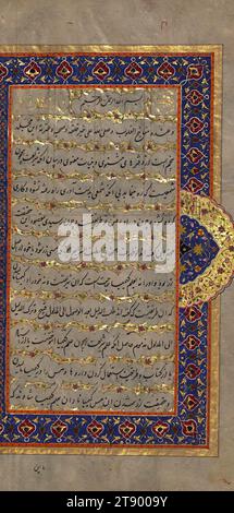 Manuscrit enluminé, Recueil de poèmes (masnavi), il s'agit d'une copie illustrée et enluminée du recueil de poèmes, connu sous le nom de Jalāl-i maʿnavī, de Dīn Rūmī al-Mas̱navī (d. 672 AH / 1273 EC). Selon le colophon, le texte, écrit en écriture nastaʿlīq noire, a été achevé en Inde en 1073 AH / 1663 EC. Chaque section de l'ouvrage est introduite par un incipit illuminé de deux pages contenant une préface en prose, suivi de deux illustrations et d'une page incipit illuminée pour le masnavi. Au total, cinquante tableaux illustrent le texte Banque D'Images