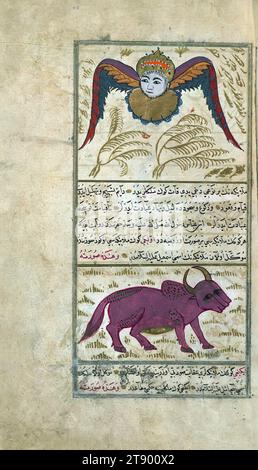 Version turque des Merveilles de la création, deux anges, il s'agit d'une version turque ottomane illuminée et illustrée de ʿAjāʾib al-makhlūqāt (Merveilles de la création) par Zakarīyā al-Qazwīnī (d. 692 AH / 1293 EC), faite à la demande du vizir Murtaza Paşa (Murtaḍá Pāshā) (fl. onzième siècle AH / dix-septième ce). Le codex a été achevé en 1121 AH / 1717 EC par Muḥammad ibn Muḥammad Shākir Rūzmah-ʾi Nāthānī. Il y a 444 tableaux illustrant le texte. La reliure n'est pas originale du manuscrit Banque D'Images