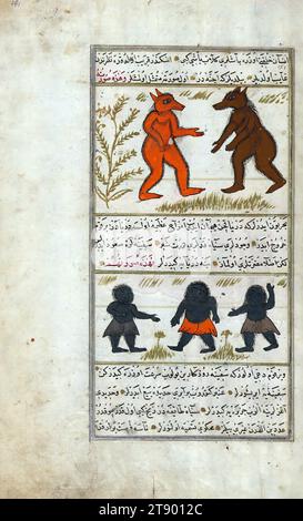 Version turque des Merveilles de la création, deux jinni de l'île de Aṭūrān et trois pygmées trouvés dans la mer, c'est une version turque ottomane illuminée et illustrée de ʿAjāʾib al-makhlūqāt (Merveilles de la création) par Zakarīyā al-Qazwīnī (d. 692 AH / 1293 EC), fait à la demande du vizir Murtaza Paşa (Murtaḍá Pāshā) (fl. XIe siècle AH / XVIIe EC). Le codex a été achevé en 1121 AH / 1717 EC par Muḥammad ibn Muḥammad Shākir Rūzmah-ʾi Nāthānī. Il y a 444 tableaux illustrant le texte Banque D'Images