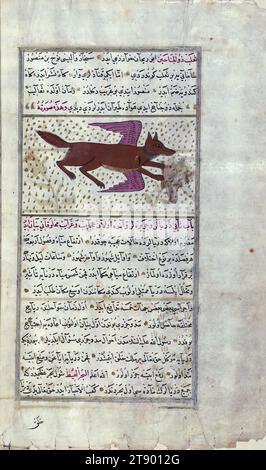 Version turque des Merveilles de la création, Un renard à deux ailes, il s'agit d'une version turque ottomane illuminée et illustrée de ʿAjāʾib al-makhlūqāt (Merveilles de la création) par Zakarīyā al-Qazwīnī (d. 692 AH / 1293 EC), faite à la demande du vizir Murtaza Paşa (Murtaḍá Pāshā) (fl. onzième siècle AH / dix-septième ce). Le codex a été achevé en 1121 AH / 1717 EC par Muḥammad ibn Muḥammad Shākir Rūzmah-ʾi Nāthānī. Il y a 444 tableaux illustrant le texte. La reliure n'est pas originale du manuscrit Banque D'Images