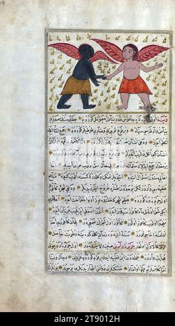 Version turque des merveilles de la création, créatures à deux ailes de Vaynah (Vīnah?) Il s'agit d'une version turque ottomane illuminée et illustrée de ʿAjāʾib al-makhlūqāt (merveilles de la création) par Zakarīyā al-Qazwīnī (d. 692 AH / 1293 EC), faite à la demande du vizir Murtaza Paşa (Murtaḍá Pāshā) (fl. XIe siècle AH / XVIIe EC). Le codex a été achevé en 1121 AH / 1717 EC par Muḥammad ibn Muḥammad Shākir Rūzmah-ʾi Nāthānī. Il y a 444 tableaux illustrant le texte. La reliure n'est pas originale du manuscrit Banque D'Images