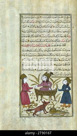 Version turque des Merveilles de la création, Un renard en compagnie d'un roi intronisé, il s'agit d'une version turque ottomane illuminée et illustrée de ʿAjāʾib al-makhlūqāt (Merveilles de la création) par Zakarīyā al-Qazwīnī (d. 692 AH / 1293 EC), faite à la demande du vizir Murtaza Paşa (Murtaḍá Pāshā) (fl. XIe siècle AH / XVIIe EC). Le codex a été achevé en 1121 AH / 1717 EC par Muḥammad ibn Muḥammad Shākir Rūzmah-ʾi Nāthānī. Il y a 444 tableaux illustrant le texte. La reliure n'est pas originale du manuscrit Banque D'Images