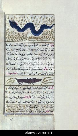 Version turque des Merveilles de la création, Un grand serpent et un criquet, il s'agit d'une version turque ottomane illuminée et illustrée de ʿAjāʾib al-makhlūqāt (Merveilles de la création) par Zakarīyā al-Qazwīnī (d. 692 AH / 1293 EC), faite à la demande du vizir Murtaza Paşa (Murtaḍá Pāshā) (fl. onzième siècle AH / dix-septième ce). Le codex a été achevé en 1121 AH / 1717 EC par Muḥammad ibn Muḥammad Shākir Rūzmah-ʾi Nāthānī. Il y a 444 tableaux illustrant le texte. La reliure n'est pas originale du manuscrit Banque D'Images