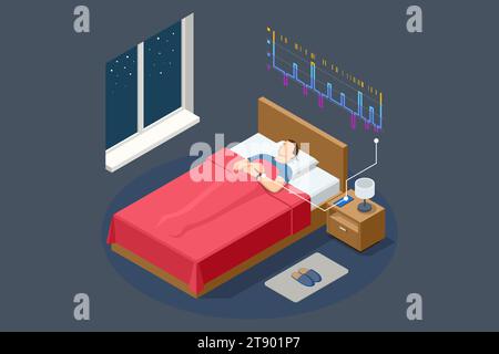 L'homme isométrique se fie aux gadgets pendant le sommeil. Une application sur un tracker d'activité physique. Le tracker surveille à la fois la fréquence cardiaque et la qualité du sommeil à des fins diagnostiques Illustration de Vecteur