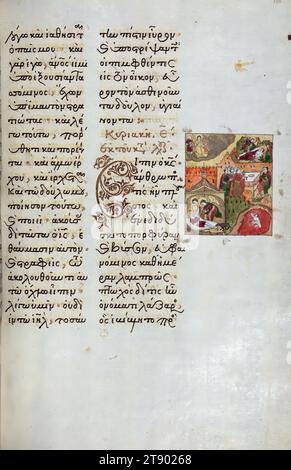 Évangile Lectionnaire, la parabole de l'homme riche et Lazare, c'est l'un des vingt-six manuscrits connus de la main de Luc le chypriote (actif 1583-1625), un calligraphe grec accompli qui a travaillé après la conquête ottomane de Constantinople (1453). Il le copia en 1594 à son siège épiscopal de Buzǎu (en Valachie, aujourd'hui Roumanie) et l'emmena bientôt à Moscou, où il fut richement illustré de scènes du Nouveau Testament par une équipe d'artistes russes anonymes Banque D'Images