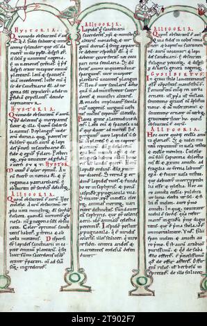 Manuscrit enluminé, Gloss sur les lamentations de Jérémie, Arcade avec un chasseur et un scribe, cette copie illustrée des lamentations de Jérémie avec le gloss (ou interprétation) de Gilbert d'Auxerre a été écrit en Autriche dans la seconde moitié du XIIe siècle et provient du monastère de Seitenstetten. Gilbert meurt en 1134, et le manuscrit est un témoin précoce et important de son texte. Le gloss est écrit dans un petit script et est à la fois interlinéaire et marginal. Cette disposition est typique des livres glossés de la Bible du XIIe siècle Banque D'Images