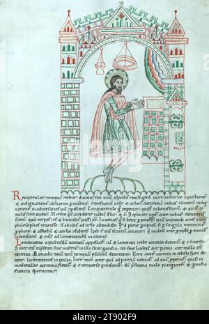 Manuscrit enluminé, Gloss sur les lamentations de Jérémie, Jérémie priant dans le temple, cette copie illustrée des lamentations de Jérémie avec la gloss (ou interprétation) de Gilbert d'Auxerre a été écrite en Autriche dans la seconde moitié du XIIe siècle et provient du monastère de Seitenstetten. Gilbert meurt en 1134, et le manuscrit est un témoin précoce et important de son texte. Le gloss est écrit dans un petit script et est à la fois interlinéaire et marginal. Cette disposition est typique des livres glossés de la Bible du XIIe siècle Banque D'Images