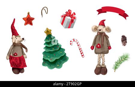 Souris, arbre de Noël, cadeau, branche d'arbre de Noël, pomme de pin. Illustration vectorielle d'un ensemble d'autocollants. Cartes, invitations, dépliants, bannières, couvertures. Illustration de Vecteur
