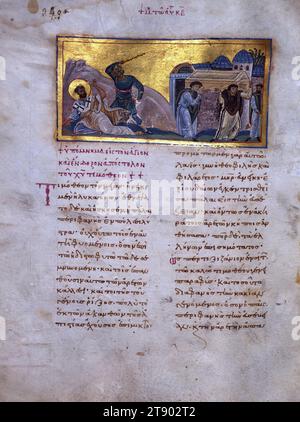 Menologion impérial, commémoration du Saint et glorieux apôtre Timothée du Christ, ce manuscrit contient les biographies des saints que l'Église commémore du 1 janvier au 31 janvier. Il faisait à l'origine partie d'un ensemble couvrant toute l'année. Un volume complémentaire, avec des textes pour mars, subsiste maintenant à Moscou (Musée historique d'État, MS Synode. gr. 183). Chaque chapitre des deux manuscrits s'ouvre avec une miniature représentant la mort du saint respectif, ou moins souvent, un autre événement significatif de sa vie Banque D'Images