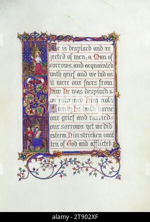 Manuscrit enluminé, Chapitre 53 du Livre d'Isaïe, Christ dans le jardin de Gethsémani ; Bête entrelacée ; fuite en Égypte, ce manuscrit anglais a été réalisé au XIXe siècle, en utilisant un parchemin extrêmement fin. Il contient le cinquante-troisième chapitre du Livre d'Isaïe, en traduction anglaise. Le petit livre est composé de huit folios écrits et décorés sur les recto, laissant les versos vides. Le script et la décoration suggèrent que le livre a été conçu pour imiter le style de l'illumination française du XIVe ou XVe siècle Banque D'Images