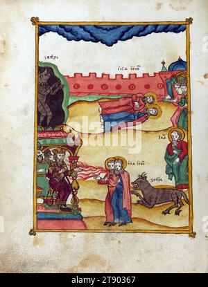 Apocalypse avec des commentaires patristiques, les deux témoins et la bête, ce manuscrit a été réalisé vers 1800 par les « vieux croyants », un groupe de chrétiens russes qui se sont dissidés de l'Église orthodoxe russe et ont ensuite été persécutés et excommuniés. Parce que leurs livres étaient souvent confisqués et qu'il leur était interdit d'utiliser des presses à imprimer, ils continuèrent à écrire des œuvres importantes comme celle-ci à la main Banque D'Images