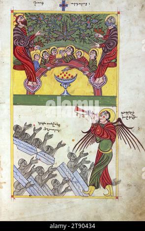 Evangiles, dîner au Paradis et la résurrection des morts, ce livre évangélique arménien a été produit en 904 de l'ère arménienne (1455 EC) au monastère de Gamałiēl à Xizan par le scribe Yohannēs Vardapet, fils de Vardan et Dilšat, et a été illuminé par le prêtre Xačʿatur. Le prêtre Pʿilipos a commandé le manuscrit comme mémorial à lui-même, à ses parents Łazar et Xutʿlumēlikʿ. Pʿilipos est représenté aux côtés de ses frères Yusēpʿ et Sultanša, alors qu'ils s'agenouillent devant la Vierge et l'enfant intronisés (Theotokos) Banque D'Images