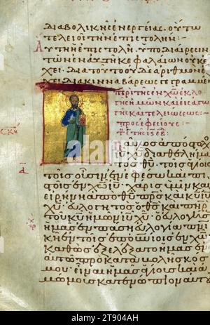 Actes et épîtres, page de titre de l'épître aux Éphésiens, ce manuscrit est l'une des relativement rares copies byzantines illustrées des actes et épîtres des Apôtres. Il se compose de trois parties produites à des dates différentes: le texte du Nouveau Testament avec son matériel préfectoral (connu sous le nom d'appareil euthalien, d'après le nom de son compilateur supposé Euthalius) a été copié au début du XIIe siècle, puis des listes de lectures ont été ajoutées à deux étapes, dans les XIVe et XVe siècles, pour faciliter leur utilisation dans l'église Banque D'Images