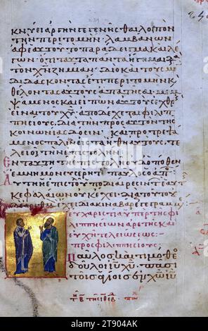 Actes et épîtres, page de titre de l'épître aux Philippiens, ce manuscrit est l'une des relativement rares copies byzantines illustrées des actes et épîtres des Apôtres. Il se compose de trois parties produites à des dates différentes: le texte du Nouveau Testament avec son matériel préfectoral (connu sous le nom d'appareil euthalien, d'après le nom de son compilateur supposé Euthalius) a été copié au début du XIIe siècle, puis des listes de lectures ont été ajoutées à deux étapes, dans les XIVe et XVe siècles, pour faciliter leur utilisation dans l'église Banque D'Images