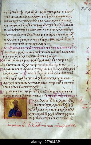 Actes et épîtres, page de titre de l'épître à Titus, ce manuscrit est l'une des relativement rares copies byzantines illustrées des actes et épîtres des Apôtres. Il se compose de trois parties produites à des dates différentes: le texte du Nouveau Testament avec son matériel préfectoral (connu sous le nom d'appareil euthalien, d'après le nom de son compilateur supposé Euthalius) a été copié au début du XIIe siècle, puis des listes de lectures ont été ajoutées à deux étapes, dans les XIVe et XVe siècles, pour faciliter leur utilisation dans l'église Banque D'Images