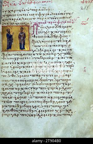 Actes et épîtres, page de titre de l'épître à Philémon, ce manuscrit est l'une des relativement rares copies byzantines illustrées des actes et épîtres des Apôtres. Il se compose de trois parties produites à des dates différentes: le texte du Nouveau Testament avec son matériel préfectoral (connu sous le nom d'appareil euthalien, d'après le nom de son compilateur supposé Euthalius) a été copié au début du XIIe siècle, puis des listes de lectures ont été ajoutées à deux étapes, dans les XIVe et XVe siècles, pour faciliter leur utilisation dans l'église Banque D'Images