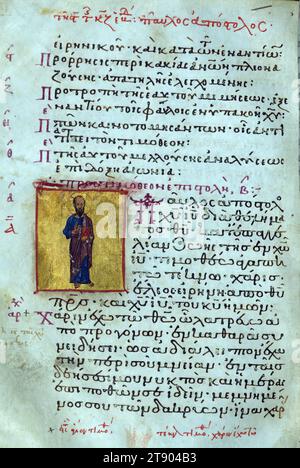 Actes et épîtres, page de titre de la deuxième épître à Timothée, ce manuscrit est l'une des relativement rares copies byzantines illustrées des actes et épîtres des Apôtres. Il se compose de trois parties produites à des dates différentes: le texte du Nouveau Testament avec son matériel préfectoral (connu sous le nom d'appareil euthalien, d'après le nom de son compilateur supposé Euthalius) a été copié au début du XIIe siècle, puis des listes de lectures ont été ajoutées à deux étapes, dans les XIVe et XVe siècles, pour faciliter leur utilisation dans l'église Banque D'Images