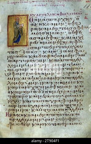 Actes et épîtres, page de titre de la première épître de Jean, ce manuscrit est l'une des relativement rares copies byzantines illustrées des actes et épîtres des Apôtres. Il se compose de trois parties produites à des dates différentes: le texte du Nouveau Testament avec son matériel préfectoral (connu sous le nom d'appareil euthalien, d'après le nom de son compilateur supposé Euthalius) a été copié au début du XIIe siècle, puis des listes de lectures ont été ajoutées à deux étapes, dans les XIVe et XVe siècles, pour faciliter leur utilisation dans l'église Banque D'Images