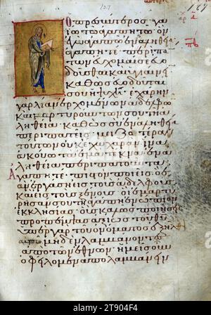 Actes et épîtres, page de titre de la troisième épître de Jean, ce manuscrit est l'une des relativement rares copies byzantines illustrées des actes et épîtres des Apôtres. Il se compose de trois parties produites à des dates différentes: le texte du Nouveau Testament avec son matériel préfectoral (connu sous le nom d'appareil euthalien, d'après le nom de son compilateur supposé Euthalius) a été copié au début du XIIe siècle, puis des listes de lectures ont été ajoutées à deux étapes, dans les XIVe et XVe siècles, pour faciliter leur utilisation dans l'église Banque D'Images