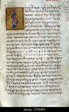 Actes et épîtres, page de titre de l'épître de Jude, ce manuscrit est l'une des relativement rares copies byzantines illustrées des actes et épîtres des Apôtres. Il se compose de trois parties produites à des dates différentes: le texte du Nouveau Testament avec son matériel préfectoral (connu sous le nom d'appareil euthalien, d'après le nom de son compilateur supposé Euthalius) a été copié au début du XIIe siècle, puis des listes de lectures ont été ajoutées à deux étapes, dans les XIVe et XVe siècles, pour faciliter leur utilisation dans l'église Banque D'Images