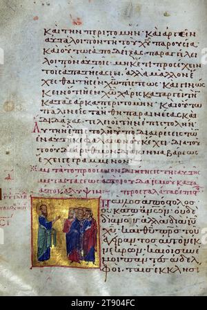 Actes et épîtres, page de titre de l'épître aux Galates, ce manuscrit est l'une des relativement rares copies byzantines illustrées des actes et épîtres des Apôtres. Il se compose de trois parties produites à des dates différentes: le texte du Nouveau Testament avec son matériel préfectoral (connu sous le nom d'appareil euthalien, d'après le nom de son compilateur supposé Euthalius) a été copié au début du XIIe siècle, puis des listes de lectures ont été ajoutées à deux étapes, dans les XIVe et XVe siècles, pour faciliter leur utilisation dans l'église Banque D'Images