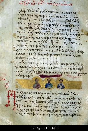 Actes et épîtres, page de titre de la première épître aux Thessaloniciens, ce manuscrit est l'une des relativement rares copies byzantines illustrées des actes et épîtres des Apôtres. Il se compose de trois parties produites à des dates différentes: le texte du Nouveau Testament avec son matériel préfectoral (connu sous le nom d'appareil euthalien, d'après le nom de son compilateur supposé Euthalius) a été copié au début du XIIe siècle, puis des listes de lectures ont été ajoutées à deux étapes, dans les XIVe et XVe siècles, pour faciliter leur utilisation dans l'église Banque D'Images