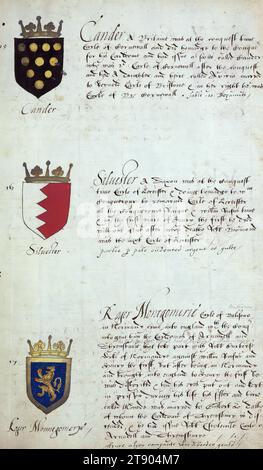 Livre d'héraldique anglais, Arms of Cander, Silvester, et Roger Monntgomerye, ce livre d'héraldique anglais a été achevé ca. 1589. Le manuscrit appartenait à la famille Spencer, comme on le sait par des inscriptions sur les premières feuilles de mouche, y compris la devise «Dieu défend le droit» (Dieu défend la droite). Cette devise a longtemps été associée à la famille Spencer d'Angleterre, qui est la lignée familiale de la princesse Diana, ainsi qu'aux Spencer qui étaient parmi les fondateurs de la Virginie Banque D'Images