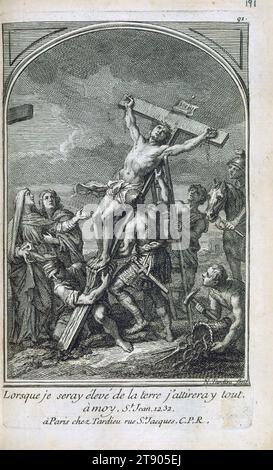 Livre de prières, Christ crucifié, ce manuscrit tardif ressemble à bien des égards à un livre imprimé, avec des numéros de page, des en-têtes de chapitre, et une table des matières étendue. Le livre était destiné aux jeunes femmes et contient une grande variété de prières, d'enseignements et de réflexions. Il est illustré partout avec des gravures insérées par un certain nombre d'artistes, évidemment découpées d'autres livres ; la plupart portent les noms des artistes, et beaucoup ont des numéros de leurs éditions originales Banque D'Images