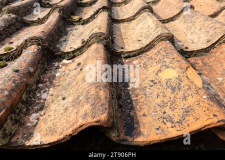 Gros plan de carreaux d'argile. Vieilles tuiles sur la maison Banque D'Images