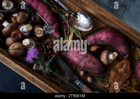 Patates douces, champignons, noisettes dans une vieille boîte en bois Banque D'Images
