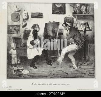 Le bois coûte cher et les Arts ne vont pas bien, 1833, Honoré Daumier, Français, 1808-1879, 10 1/4 x 8 po (26,04 x 20,32 cm) (feuille), Lithographie, France, 19e siècle, incapables de se permettre le carburant pour leur simple chauffage, ces artsits dansent autour de leur maigre studio pour se réchauffer dans le froid hiver parisien Banque D'Images