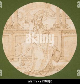 Saint Jérôme, c. 1520, Maître de 1518, Néerlandais, Néerlandais, c. 1470–c. 1527, 8 3/16 x 8 3/16 po (20,8 x 20,8 cm) (feuille, tondo)16 1/4 × 16 1/4 × 3/4 po (41,28 × 41,28 × 1,91 cm) (cadre extérieur), stylo et encre brune, pays-Bas, 16e siècle, ce dessin est pour un type de vitrail produit dans les pays-Bas au début du 16e siècle. Les vitres étaient souvent circulaires et petites. Un dessin aussi très fini aurait pu être montré à un patron avant que le travail sur le verre lui-même ne commence. L'artiste était un peintre maniériste anversois productif dont les œuvres manquent de signatures ou d'autres documents Banque D'Images