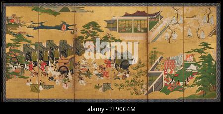 Printemps et été droit de la paire scènes du Conte de Genji dans les quatre saisons, milieu du 17e siècle, Japonais inconnu, 61 5/8 × 140 po. (156,53 × 355,6 cm) (image), encre, couleur et or sur papier, Japon, 17e siècle, cette paire d'écrans représente 11 scènes du Conte de Genji. Plutôt que de présenter les scènes dans l'ordre dans lequel elles apparaissent dans l'histoire, l'artiste les présente dans l'ordre saisonnier de droite à gauche, comme les spectateurs japonais les liraient. L'artiste commence par la mi-printemps dans le coin supérieur droit, où un groupe de jeunes hommes jouent au kemari Banque D'Images