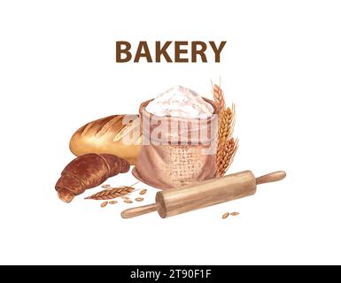 Farine de blé, pain, croissant et rouleau à outils de cuisine. Petits pains, baguettes, pain, pâtisseries et autres produits cuits au four. Concept pour une boulangerie ou un café. Aquarelle Banque D'Images