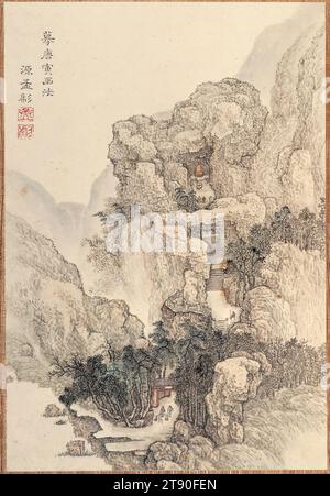 Album de paysages, milieu du 18e siècle, Kō Fuyō, japonais, 1722 - 1784, 11 1/2 × 8 3/16 × 1 1/8 po. (29,21 × 20,8 × 2,86 cm), encre et couleur claire sur papier, Japon, 18e siècle, par une nuit froide au clair de lune au début du printemps, un homme stationne son bateau au bord de la rivière, laisse son serviteur derrière lui pour observer le bateau, et se promène sur un sentier de montagne vers un pavillon isolé. Portant de longues robes bleu clair, fluides, l'homme semble faire une pause juste devant un bosquet de pruniers rongeurs couverts de minuscules fleurs blanches. À travers la canopée de fleurs délicates, il regarde vers le sommet spectaculaire de la montagne Banque D'Images
