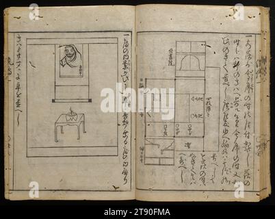 Promulgation de la cérémonie du thé contemporain, vol. 1, 1694, Endō Genkan, japonais, active c. 1656-1702, 8 3/4 × 6 5/16 × 1/2 po. (22,23 × 16,03 × 1,27 cm) (ce volume)8 7/8 × 6 3/4 × 2 1/16 po (22,54 × 17,15 × 5,24 cm) (tous les volumes à l'intérieur du boîtier), Livre imprimé sur bois ; encre et couleur sur papier, Japon, 17e siècle, Guide contemporain de la cérémonie du thé, école Enshū Banque D'Images