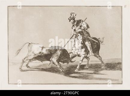 El CID Campeador lanceado otro toro (El CID Campeador Spearing Another Bull), 1816, Francisco José de Goya y Lucientes, espagnol, 1746–1828, 8 7/16 × 12 5/16 po. (21,43 × 31,27 cm) (image)9 13/16 × 13 13/16 po (24,92 × 35,08 cm) (plaque)11 3/8 × 16 1/4 po (28,89 × 41,28 cm) (feuille), gravure, aquatinte brunie, pointe sèche et burin, Espagne, 19e siècle, dans la série de 33 exemplaires 'Tauromaquia', Goya retrace l'histoire de la tauromachie en Espagne, des hommes chassant en plein champ au spectacle ritualisé moderne qu'elle est devenue au 18e siècle. Il invente une partie de l’histoire du sport Banque D'Images