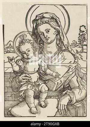 Vierge et enfant, 1518–1525, Sebald Beham, allemand, 1500–1550, 18 × 13 po (45,72 × 33,02 cm), gravure sur bois imprimée à partir de deux blocs sur deux feuilles de papier, Allemagne, 16e siècle, Vierge et enfant était clairement destiné à être vu de loin. La composition large et épurée permet aux lignes fluides de se démarquer. Son créateur, Sebald Beham, le signifiait pour la dévotion publique de la Madone. Il a utilisé des motifs simples de lignes pour rendre la découpe du bloc d'impression plus rapide et moins coûteuse, une considération importante pour une œuvre d'art destinée à un marché de la classe moyenne. Banque D'Images