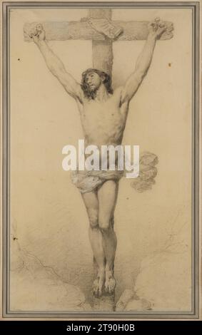 Crucifixion, milieu du 19e siècle, Louis Galliait, belge, 1810-1887, 22 11/16 × 13 1/2 po (57,63 × 34,29 cm) (vue)32 1/8 × 22 15/16 × 1 13/16 po (81,6 × 58,26 × 4,6 cm) (cadre extérieur), craie noire et blanche sur papier, Belgique, 19e siècle, l'un des principaux peintres du mouvement romantique à Bruxelles, Louis Gallais a été célébré pour ses peintures murales à grande échelle et ses peintures d'histoire. Dessinateur accompli, Galliait a été professeur à l’Académie Royale de Belgique et directeur de l’institution de 1871 à 1880 Banque D'Images