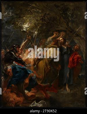 The Betrayal of Christ, v. 1618–1620, Anthony van Dyck, Flamand, 1599–1641, 55 7/8 x 44 1/2 po (141,92 x 113,03 cm) (toile)70 x 58 x 5 po (177,8 x 147,32 x 12,7 cm) (cadre extérieur), huile sur toile, pays-Bas, 17e siècle, plus lâche et moins formelle que les portraits qui l'ont rendu célèbre, cette œuvre a été achevée peu de temps avant que Van Dyck commence un séjour de six ans en Italie. Il suit la description biblique de la trahison de Jésus-Christ dans le jardin de Gethsémani. Judas, l’un des disciples de Jésus, amène une bande de soldats et d’officiers religieux avec des lanternes, des torches et des armes pour arrêter Jésus Banque D'Images