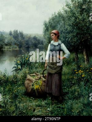 Girl by a Stream, Flanders, c. 1890, Daniel Ridgway Knight, américain, Chambersburg, Pennsylvanie, 1839–Paris ou Rolleboise 1924, 32 1/4 x 25 3/4 po. (81,92 x 65,41 cm) (cadre extérieur), huile sur toile, États-Unis, 19e siècle, peintures de genre - images de gens ordinaires engagés dans les activités quotidiennes - ont séduit les riches Américains des années 1800 Les œuvres de l'artiste américain Daniel Ridgway Knight, qui a passé une grande partie de sa vie en France, sont typiques des scènes plutôt sentimentales de la vie rurale populaire à l'époque. Cette paysanne tond près de la rive du ruisseau. Banque D'Images